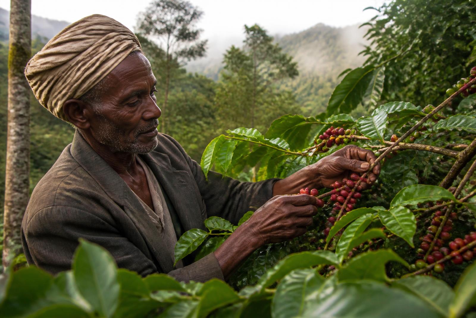 Coffee cherries being selected in Ethiopia’s forested highlands